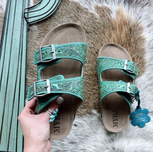 Womens blue turquoise leather tooled embossed myra slides sandals buckle cowgirl - Picture 2 of 5